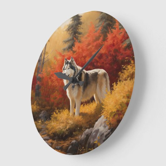 Grande Horloge Ronde Malamute en Alaska à l'automne Feuilles automne in (Angle)