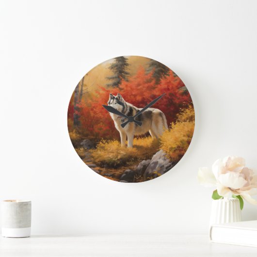 Grande Horloge Ronde Malamute en Alaska à l'automne Feuilles automne in (Maison)