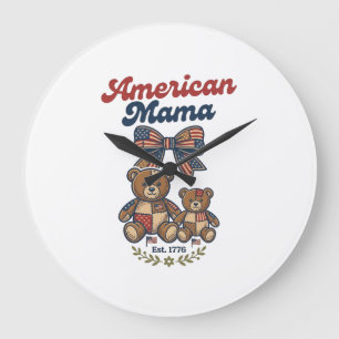 Grande Horloge Ronde Mama Américaine Ours Patriote Patchwork Vector Des