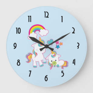Grande Horloge Ronde Mama mignonne et bébé licorne Illustration magique
