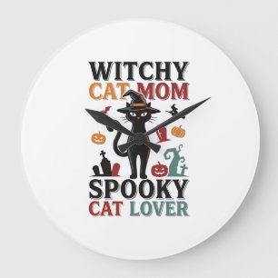 Grande Horloge Ronde Maman chat Halloween Design vintage sorcière amate