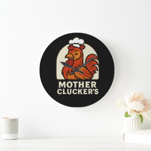 Grande Horloge Ronde Maman Clucker's Drôle de Poulet Rétro Chef - Vinta