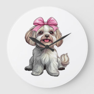 Grande Horloge Ronde Maman fille chien havanais à nœud coquette rose