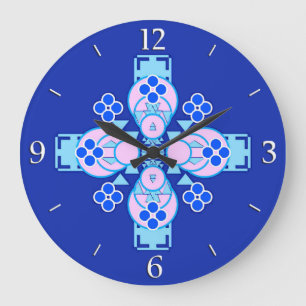 Grande Horloge Ronde Mandala à quatre points - orchidée, bleu et cobalt