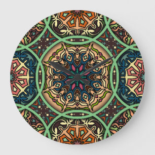 Grande Horloge Ronde Mandala coloré : Vintage main florale tirée