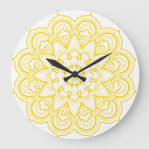 Grande Horloge Ronde Mandala dans l'or et le blanc