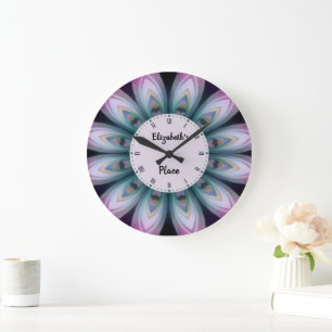 Grande Horloge Ronde Mandala de fleurs roses et vertes 
