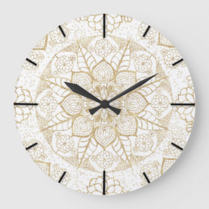Grande Horloge Ronde Mandala d'or à la main stylisée