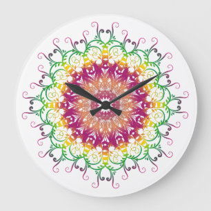 Grande Horloge Ronde Mandala ethnique floral.
