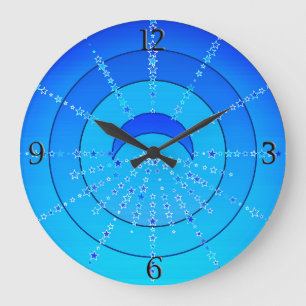 Grande Horloge Ronde Mandala Lune et Étoiles, Bleu Céruléen