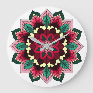 Grande Horloge Ronde Mandala Motif 02 en rose profond