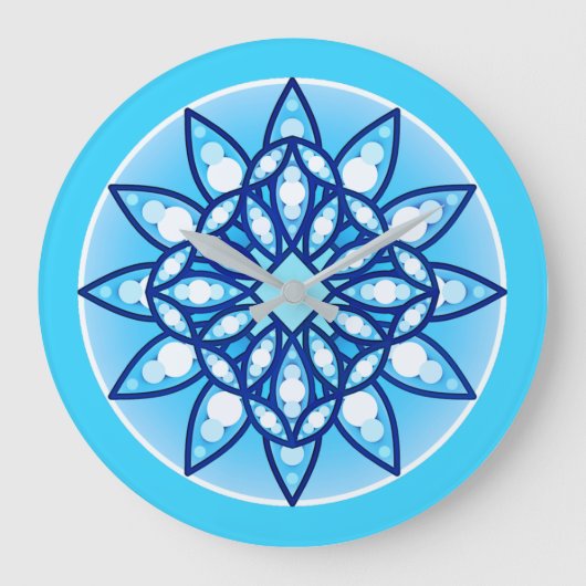Grande Horloge Ronde Mandala motif en bleu turquoise, cobalt & blanc (Recto)