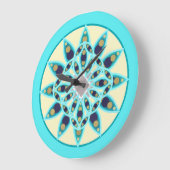 Grande Horloge Ronde Mandala motif en bleu turquoise, crème et marine (Angle)