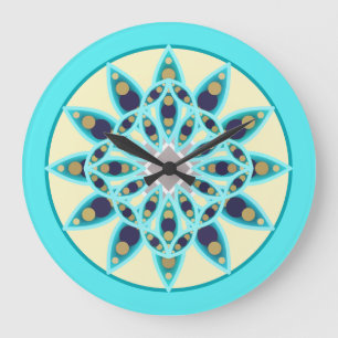 Grande Horloge Ronde Mandala motif en bleu turquoise, crème et marine