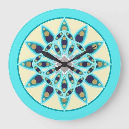 Grande Horloge Ronde Mandala motif en bleu turquoise, crème et marine (Recto)