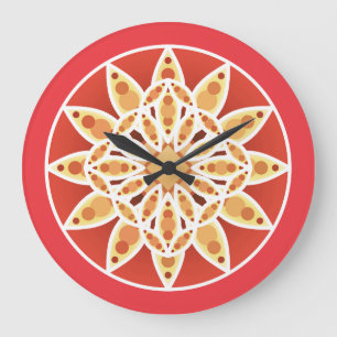 Grande Horloge Ronde Mandala motif en chameau, rouge foncé et blanc
