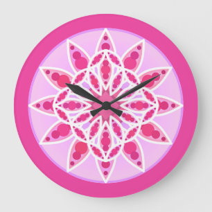 Grande Horloge Ronde Mandala motif en rose, fuchsia et blanc