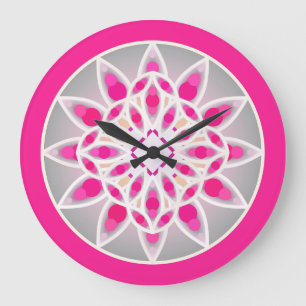 Grande Horloge Ronde Mandala motif en rose fushia, blanc et gris