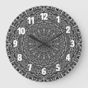 Grande Horloge Ronde Mandala noir et blanc de zen