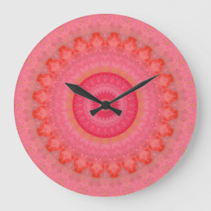Grande Horloge Ronde  Mandala rose, orange et jaune 