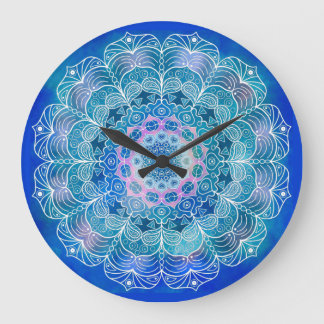 Grande Horloge Ronde Mandala White Outline bleu Aquarelle -