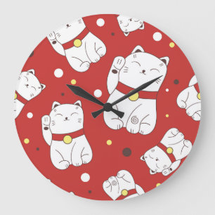 Grande Horloge Ronde Maneki-Neko chat, motif japonais de doodle.