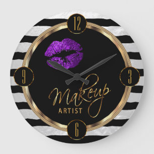 Grande Horloge Ronde Maquillage Artiste Lèvres pourpres avec bandes bl