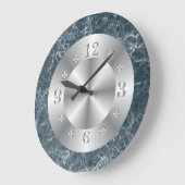 Grande Horloge Ronde Marbre Argent Et Bleu Faux (Angle)