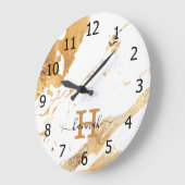 Grande Horloge Ronde Marbre blanc élégant Gold Foil Nom du monogramme (Angle)