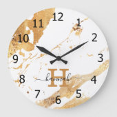 Grande Horloge Ronde Marbre blanc élégant Gold Foil Nom du monogramme (Recto)