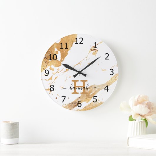 Grande Horloge Ronde Marbre blanc élégant Gold Foil Nom du monogramme (Maison)