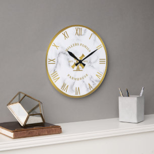 Grande Horloge Ronde Marbre blanc Texture Or Fam House Numéros romains