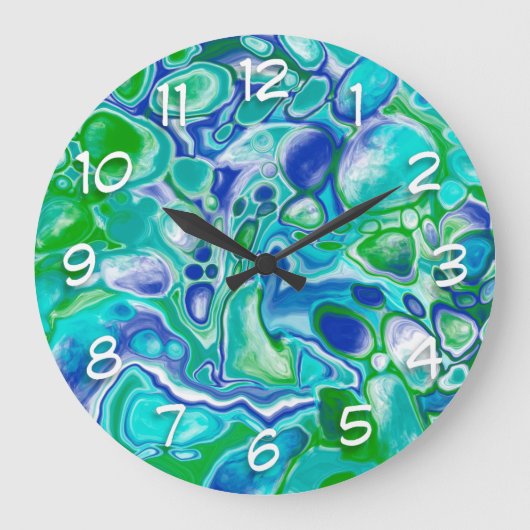 Grande Horloge Ronde Marbre bleu et vert Fluid Art Abstrait  (Recto)