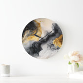 Grande Horloge Ronde Marbre d'aquarelle noir et or (Maison)