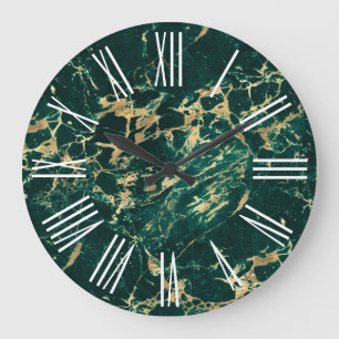 Grande Horloge Ronde Marbre doré vert foncé avec chiffres romains blanc