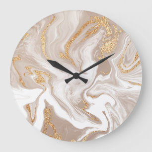 Grande Horloge Ronde Marbre liquide beige, art de la ligne dorée.