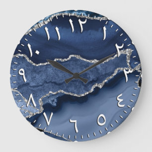 Grande Horloge Ronde Marbres agate chiffres arabes bleu et paillettes a