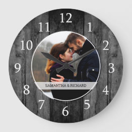 Grande Horloge Ronde Mariage en bois noir Anniversaire Photo personnali