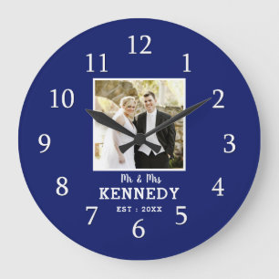 Grande Horloge Ronde Mariage photo personnalisé bleu moderne