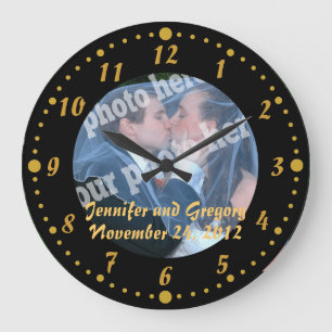 Grande Horloge Ronde Mariage photo personnalisé noir et or minutes