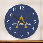 Grande Horloge Ronde Marine Blue Gold Modern Script Girl Monogramme Nom<br><div class="desc">Navy Blue and Gold Simple Script Monogram Clock. This makes the perfect sweet 16 birthday,  wedding,  bridal shower,  anniversary,  baby shower or bachelorette party gift for someone that loves glam luxury and chic styles.</div>