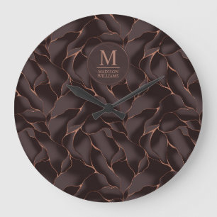 Grande Horloge Ronde Marron Chocolat & Or Rose Motif Vague Abstrait