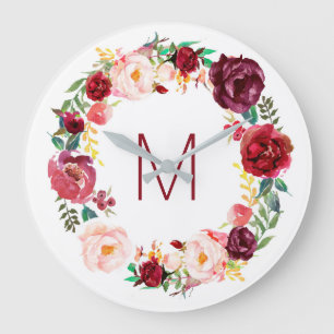 Grande Horloge Ronde marsala rose rouge aquarelle fleurs monogramme