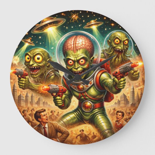 Grande Horloge Ronde Martian Mayhem Retro Sci-Fi (Recto)