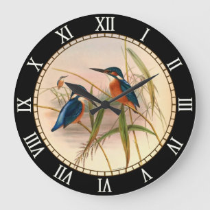 Grande Horloge Ronde Martin-pêcheur, oiseaux, vintage, John Gould, natu