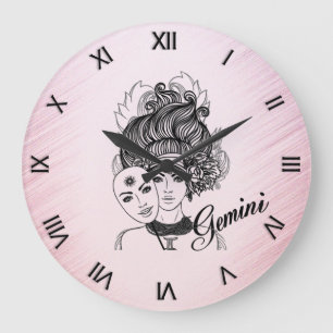 Grande Horloge Ronde Masque de Gémeaux Zodiaque Chiffres Romains Rose