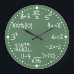 Grande Horloge Ronde Maths Mathematical Equations Clock with Minutes<br><div class="desc">This fun and whimsical custom wall clock is perfect for math lovers. Test your arithmetic! The clock has mathematical equations instead of numbers. There is some addition, subtraction, multiplication, division, percentages, fractions, algebra, square root, and powers. They look like white chalk written on a green chalkboard. The clock has white...</div>