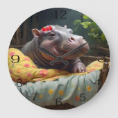 Grande Horloge Ronde "Matinage des lunettes : Baby Hippo se réveille da (Recto)