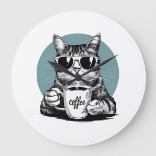 Grande Horloge Ronde Matins de chat cool - Café, lunettes de soleil & a