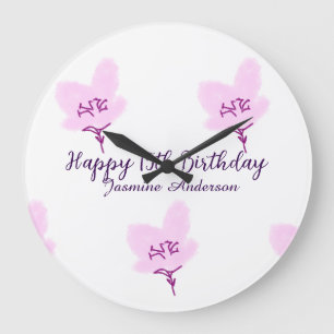 Grande Horloge Ronde Mauve rose floral 15e anniversaire quinceanera nom